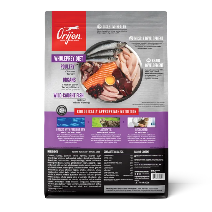 Orijen Cat Dry Food 90% Meat Content Grain Free Kitten Food High Protein for All Breeds Little Cats - 1.8KG